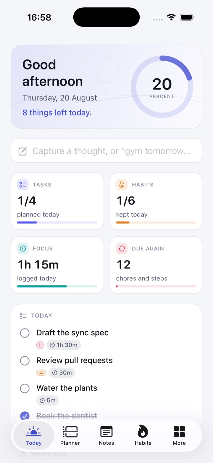Today on iPhone: a Good afternoon greeting with the day twenty percent done, the capture box, cards for tasks, habits, focus time and chores due again, and the day's plan of four tasks.