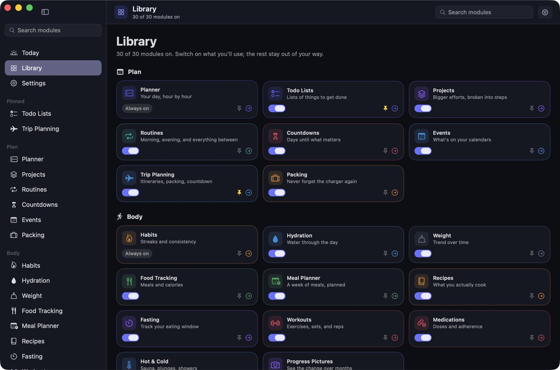 The module library showing all thirty modules with switches to turn each one on or off.
