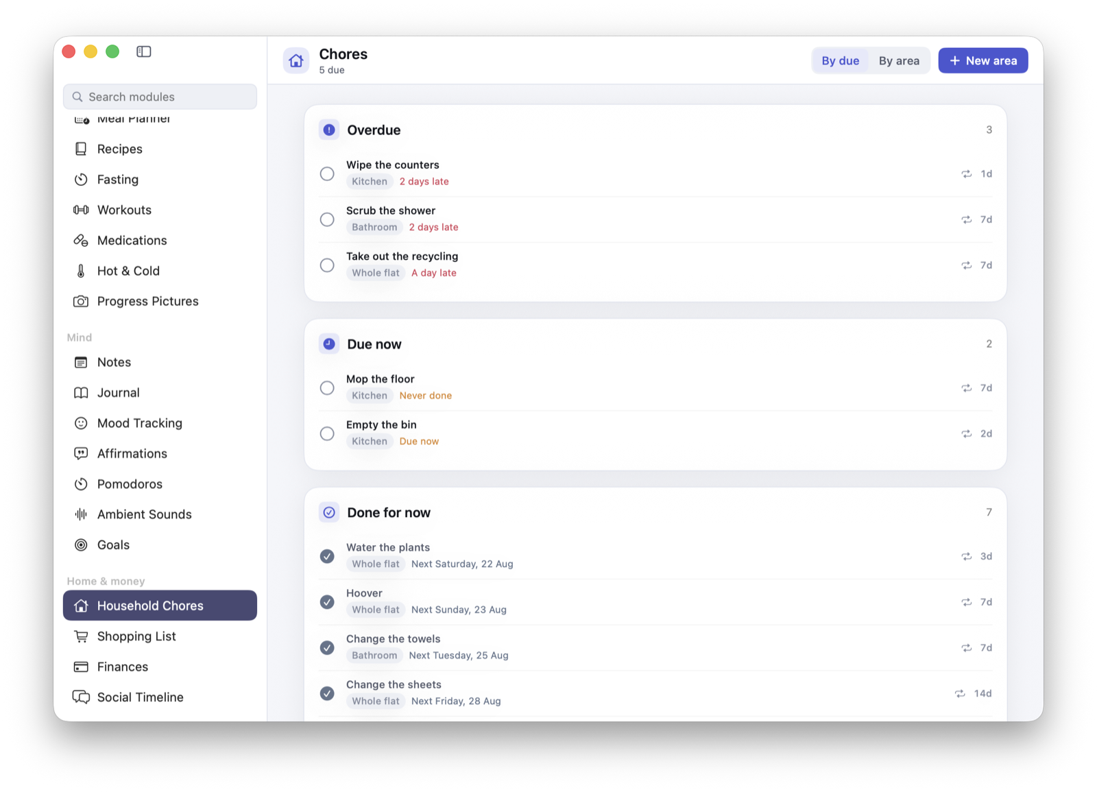 The Chores screen grouped into three overdue jobs, two due now and seven done for now, each tagged with a room and an interval, and the finished ones showing the date they next come round.