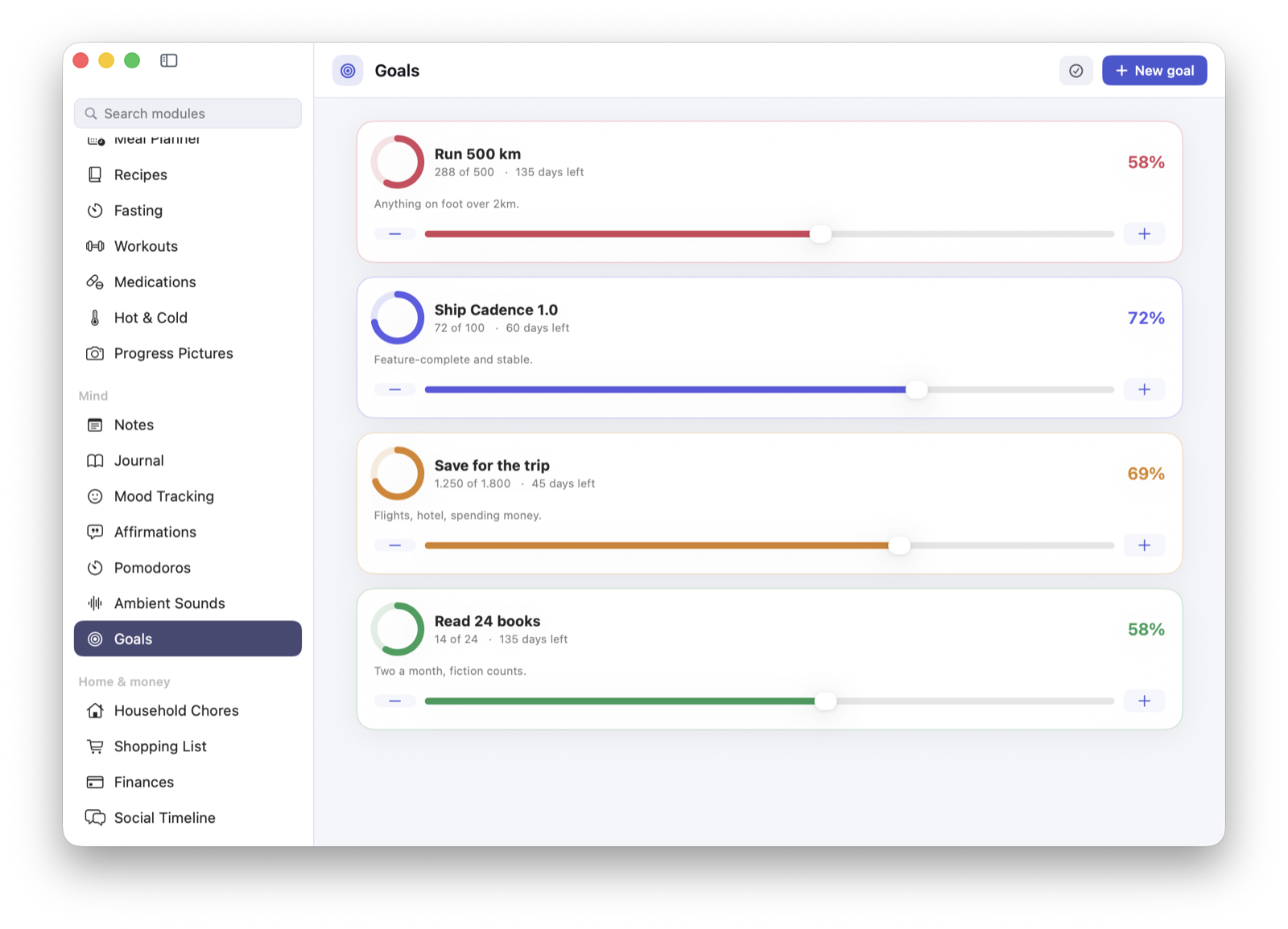 Four goals with rings and progress bars: running 500 kilometres at 58 percent, shipping Cadence 1.0 at 72 percent, saving for a trip at 69 percent and reading 24 books at 58 percent, each with a note underneath and a slider to move it.
