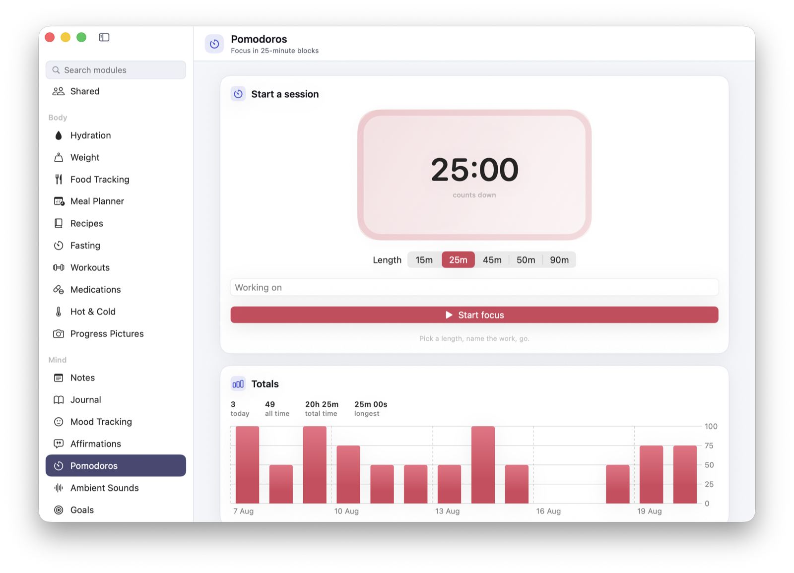 The Pomodoros screen with a twenty five minute timer ready to start, a row of lengths from fifteen to ninety minutes, a field for what you are working on, and totals of three today and forty nine all time over a bar chart.