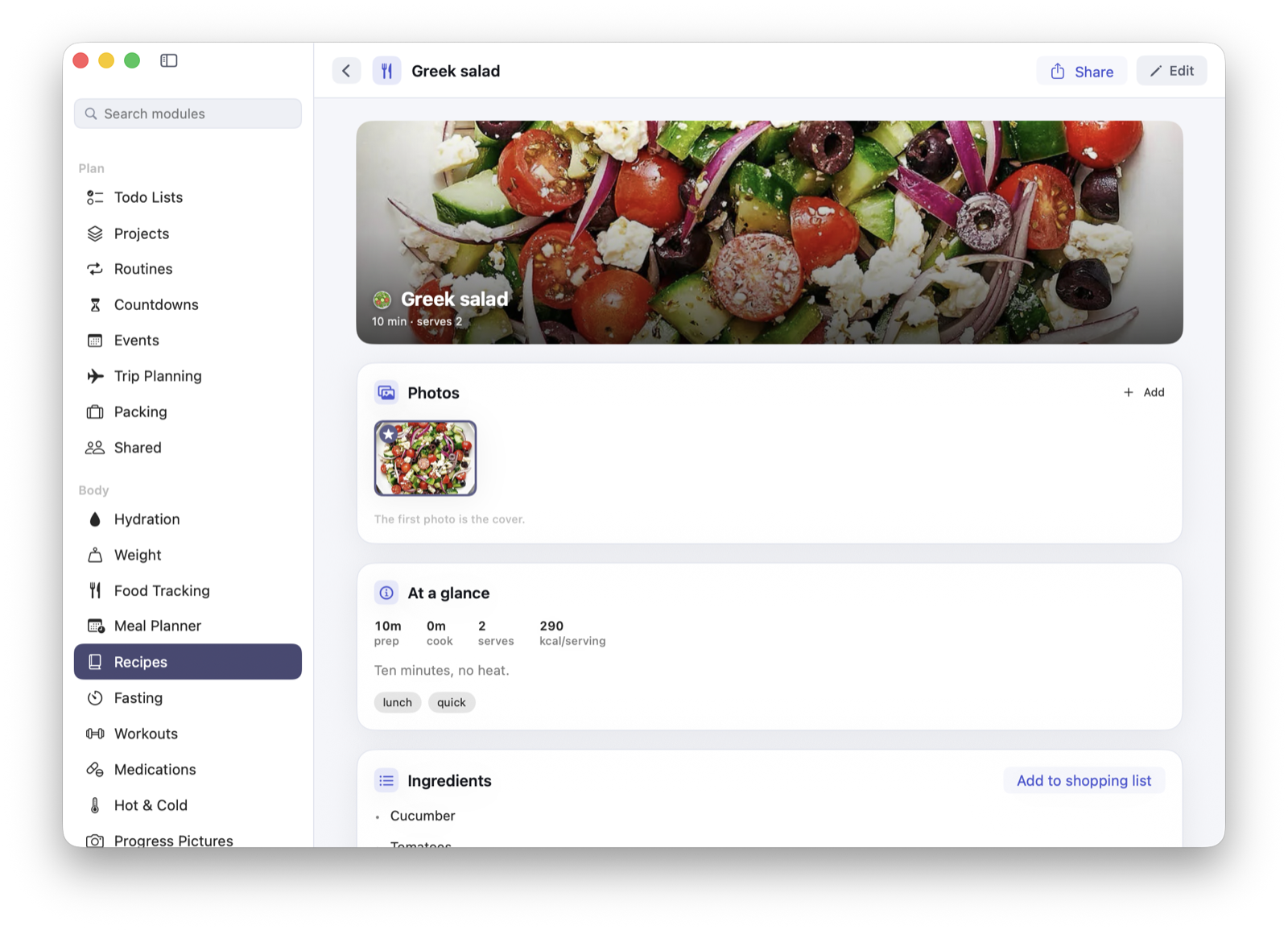 A Greek salad recipe with a photograph of the dish across the top, a photo gallery, ten minutes prep and no cooking, serves two at 290 calories, tags for lunch and quick, and the ingredients with a button to send them to the shopping list.