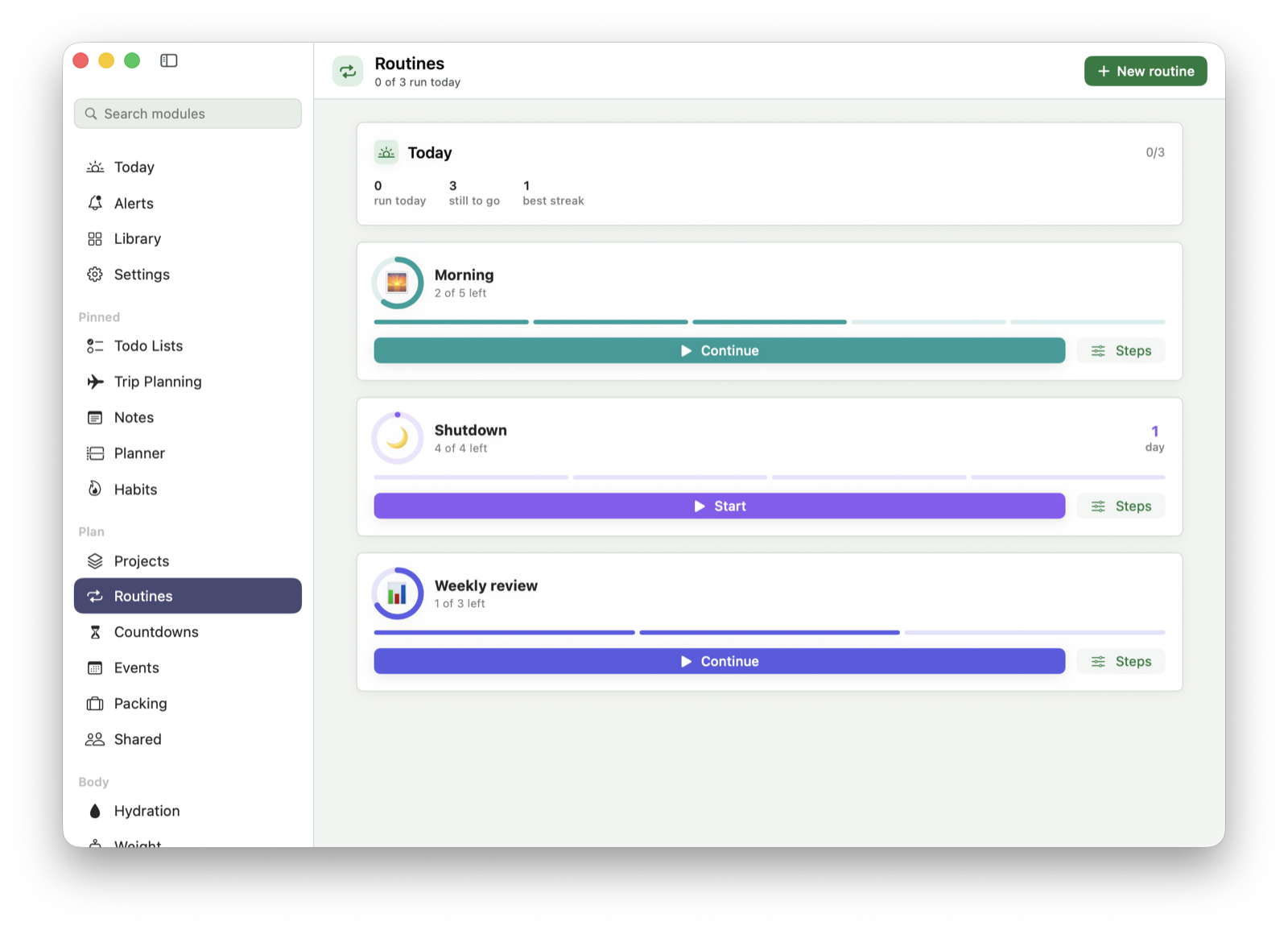 Three routines called Morning, Shutdown and Weekly review, each with how many steps are left, a segmented progress bar, and a button to start or carry on.