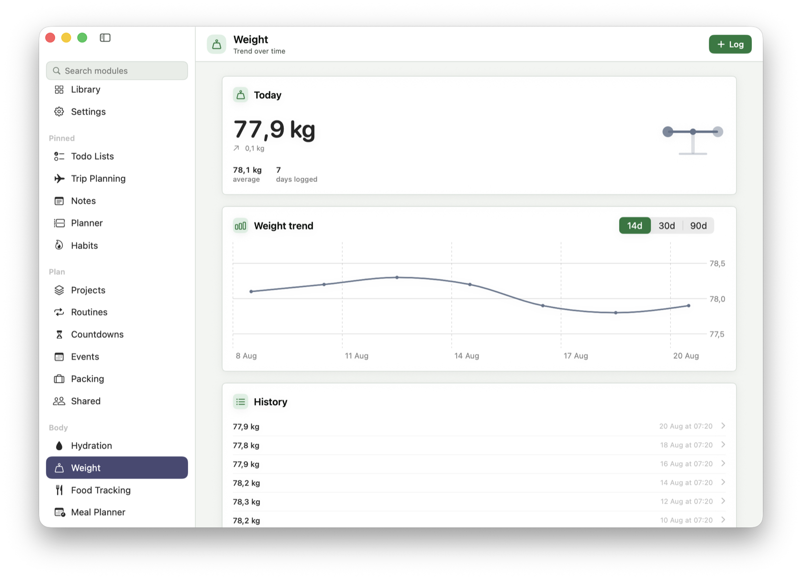 The Weight screen with today at 77.9 kilos and up 0.1 since last time, a smoothed line across the last fortnight between 77.5 and 78.5, and the logged readings underneath with their dates and times.