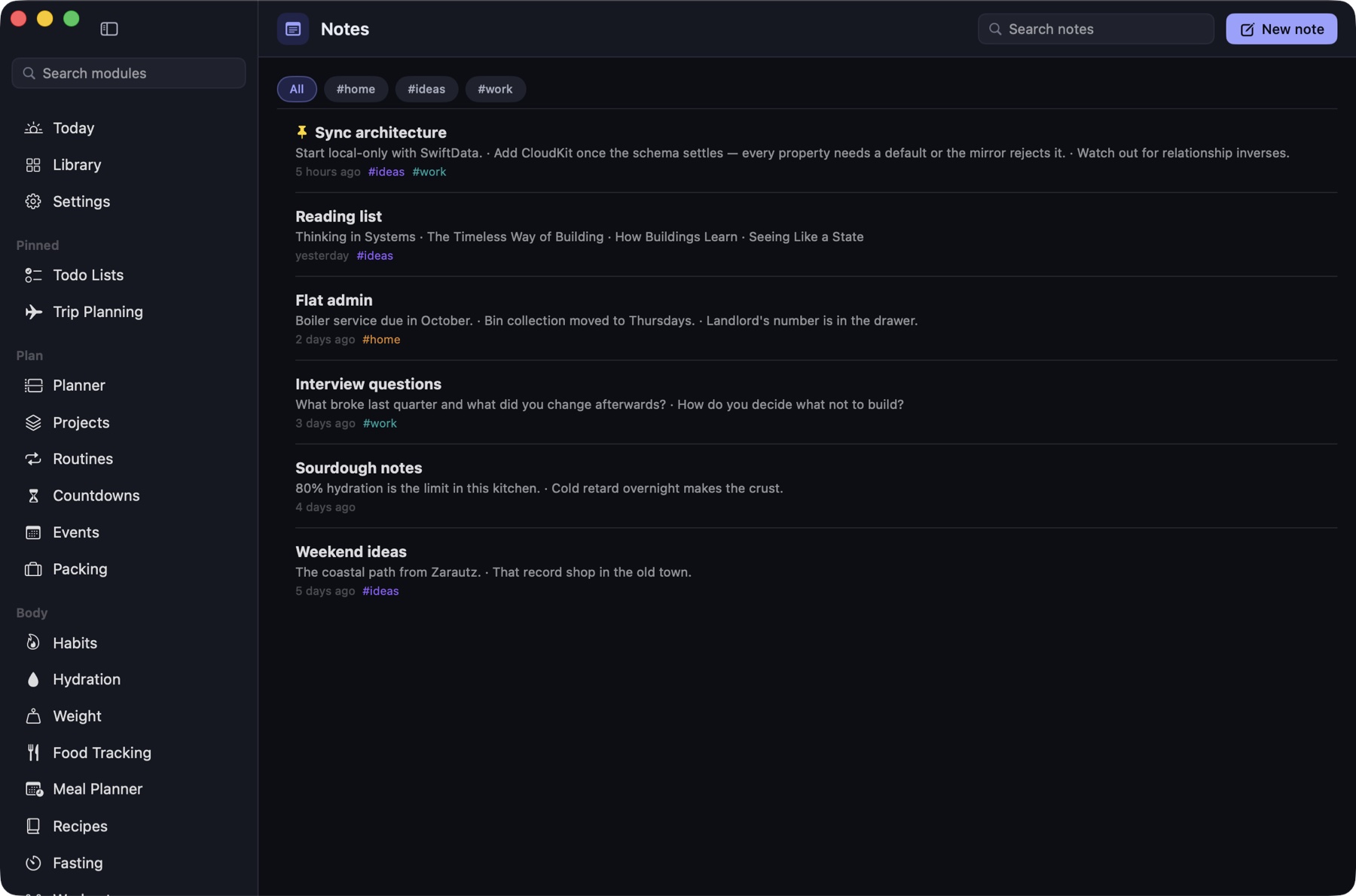 The Notes screen with a list of notes and an editor open beside it.