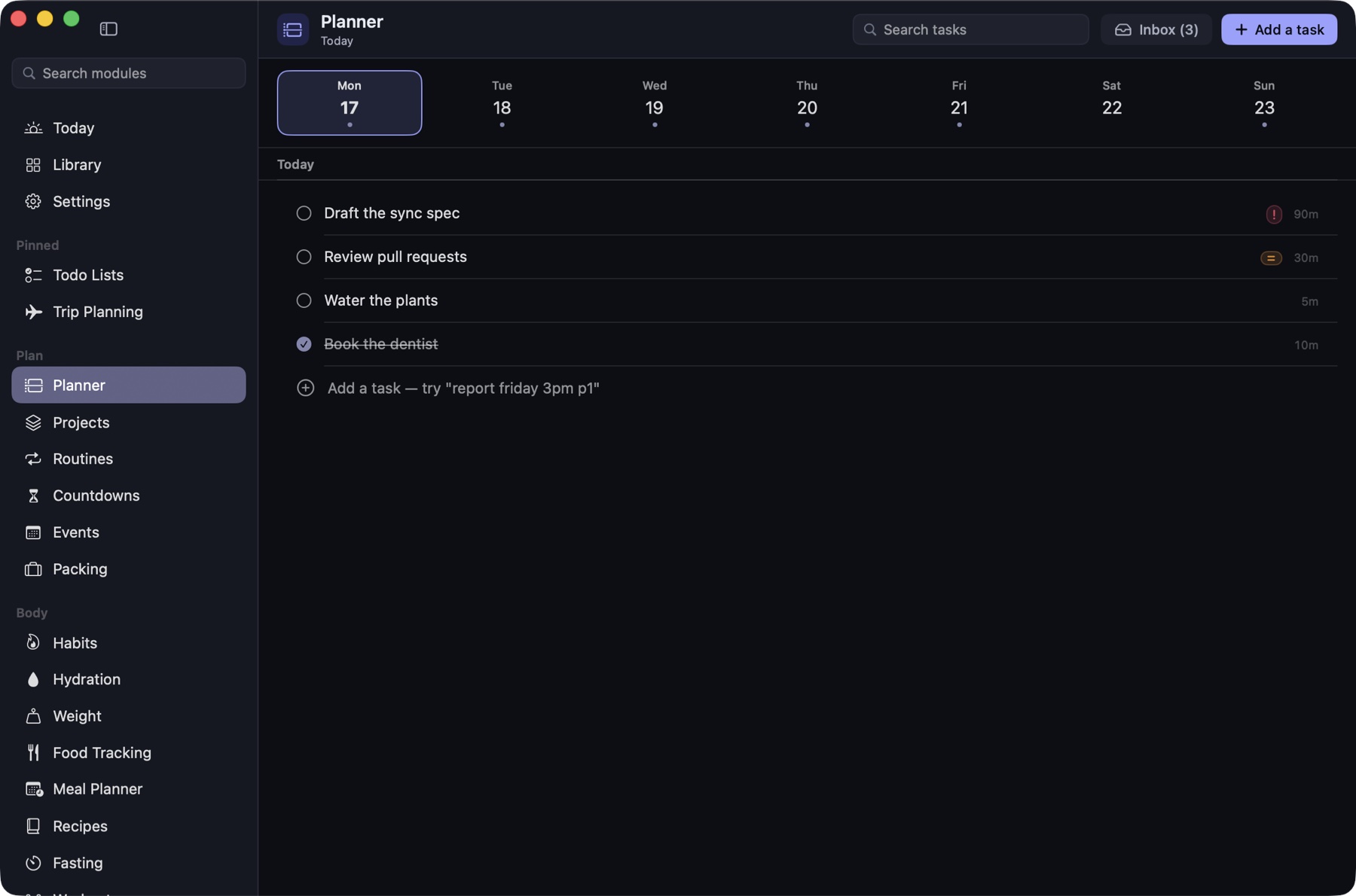 The Planner screen showing the day laid out with tasks, times and priorities.
